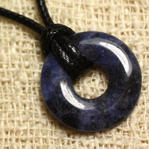 Stone Pendant Necklace - Sodalite Round Circle Ring Donut Pi 20mm Midnight Blue King White