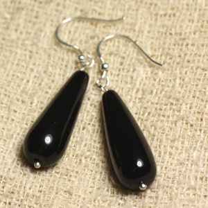 925 Silver Earrings and Black Onyx Stone Long Drops 30x10mm