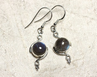 BO213 - Boucles oreilles Argent 925 et Pierre Labradorite Ronds Spirales 30mm