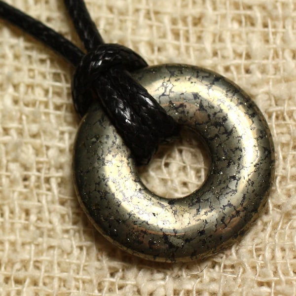 Collier Pendentif Pierre - Pyrite Rond Cercle Anneau Donut Pi 20mm Métal or doré gris