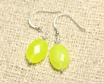 Örhängen i 925 sterlingsilver med stenar - fasetterad oval fluorescerande gul jade 14mm