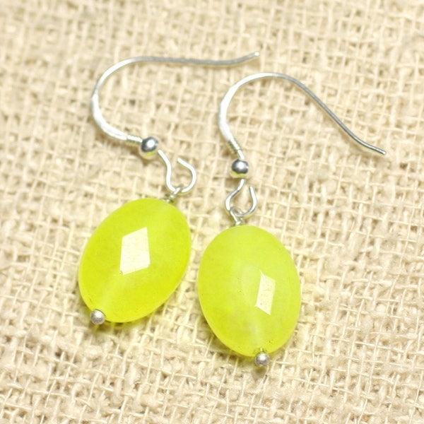 Boucles oreilles Argent 925 et Pierre - Jade Jaune Fluo Ovales Facettés 14mm