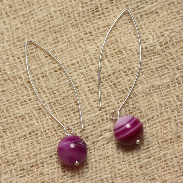 Boucles oreilles Agate Fuchsia et longs crochets Argent 925