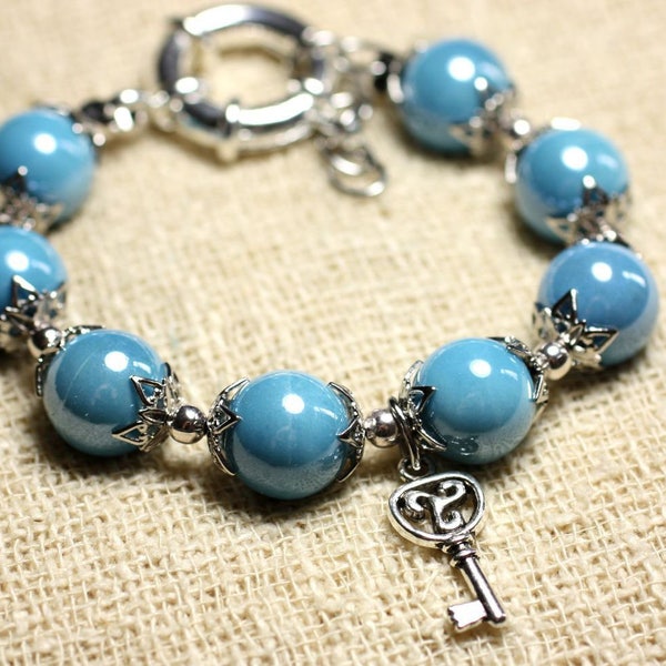 Bracelet Céramique 12mm Couleur au choix - Breloque Clef et fermoir bouée - argenté et bleu turquoise