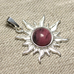 Pendant 925 sterling silver and Rhodonite pink stone - Sun 28 mm - 10mm round