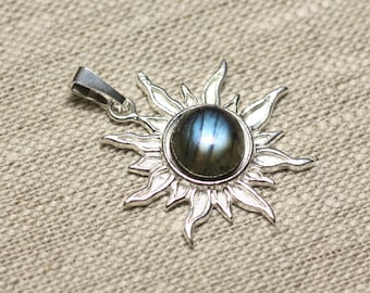 Pendant 925 sterling silver and Labradorite stone - Sun 28 mm - blue 10mm round