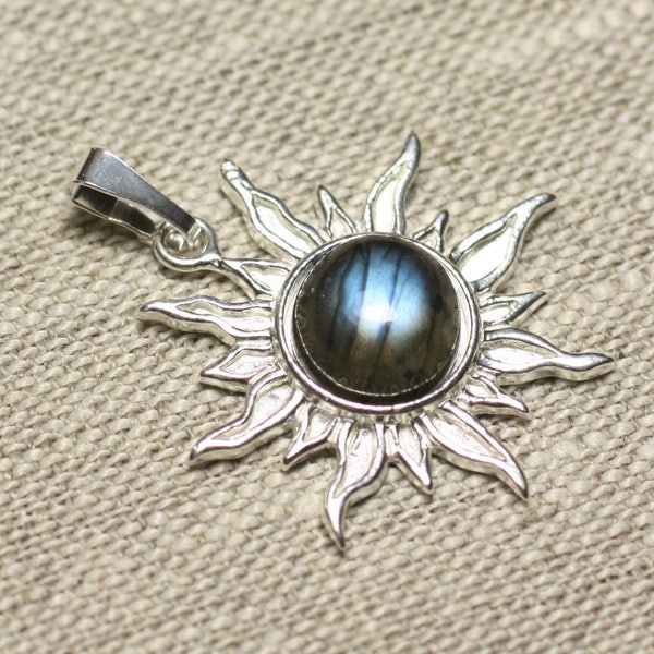 Pendentif Argent 925 et Pierre - Soleil 28mm - Labradorite bleue rond 10mm