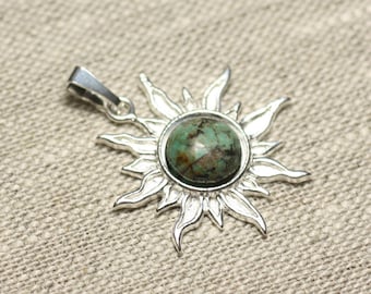 Pendant 925 sterling silver and stone - Sun 28 mm - African Turquoise 10mm round