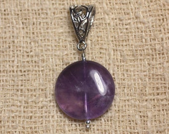 May include: A round, purple amethyst pendant with a silver filigree bail.