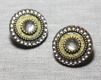 CCB Resin Clip Earrings Round Rhinestones 28mm - Ethnic Vintage French designer - 8741140026520