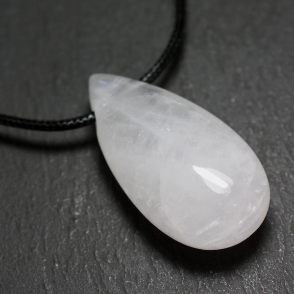 Collier Pendentif Perle Pierre Goutte 40mm Cristal de roche Quartz blanc