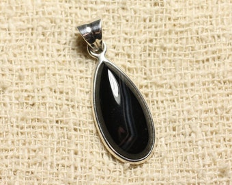 925 Silver Pendant and Stone - Black Agate Drop 25mm