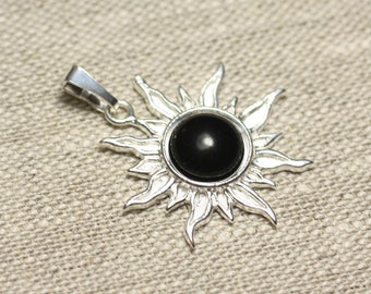 Pendentif Argent 925 et Pierre - Soleil 28mm - Obsidienne Noire rond 10mm