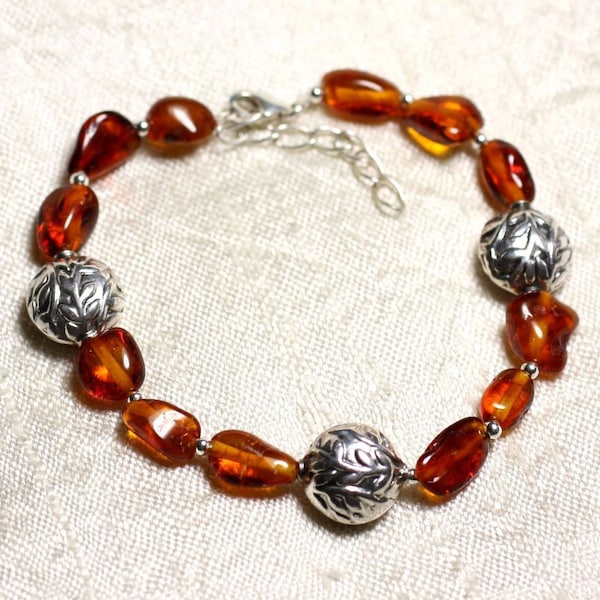 Bracelet Argent 925 et Ambre naturelle Cognac Orange Olives