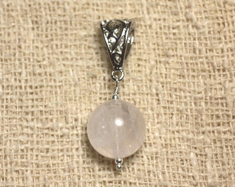 May include: A silver pendant with a delicate filigree design, featuring a round, translucent, light pink gemstone.
