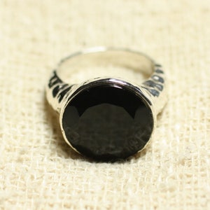 N120 925 Silver Ring and Stone Black Onyx Faceted Round 15mm image 1