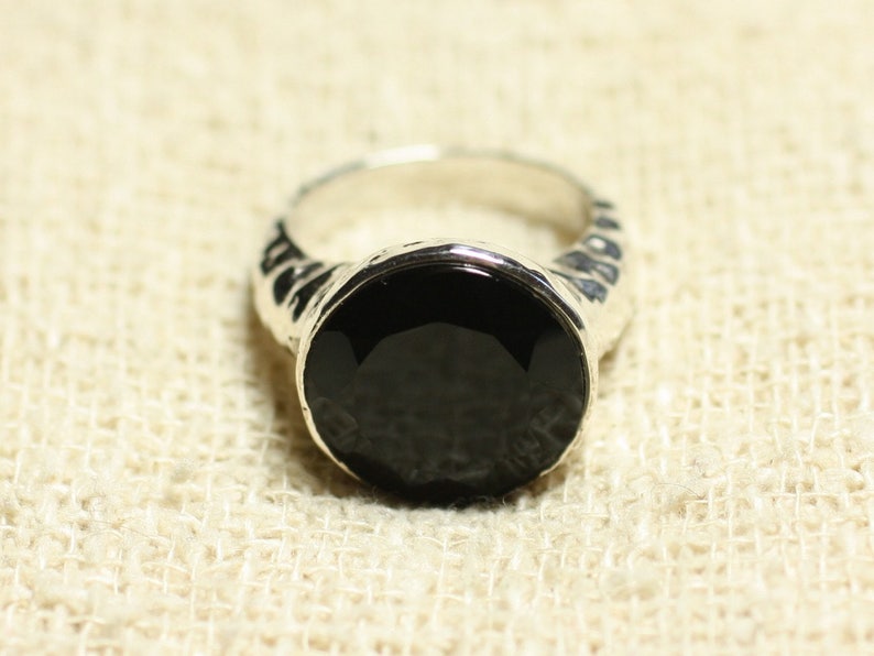 N120 925 Silver Ring and Stone Black Onyx Faceted Round 15mm image 1