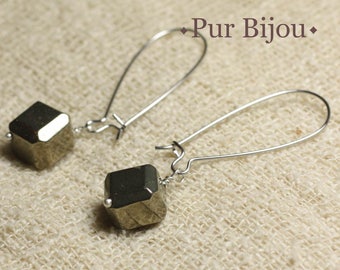 Boucles oreilles Pierre semi précieuse - Pyrite dorée Cubes 10mm