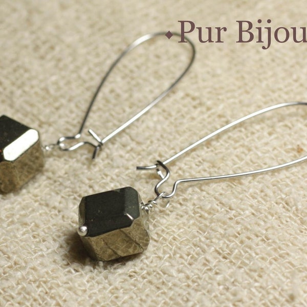 Boucles oreilles Pierre semi précieuse - Pyrite dorée Cubes 10mm