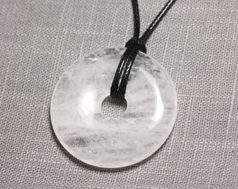 Stone Pendant Necklace - Rock Crystal Quartz Round Circle Ring Donut Pi 40mm White Transparent