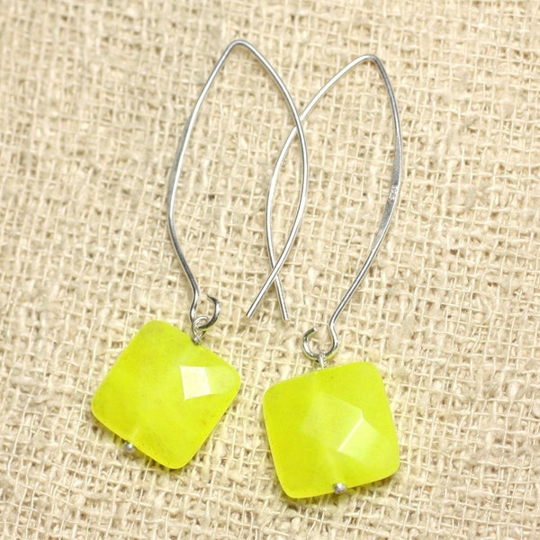 925 Silver and Stone Earrings - Neon Yellow Jade Faceted Squares 14mm