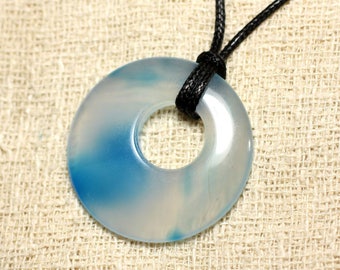 Stone Pendant Necklace - Donut Blue Agate 42mm N10