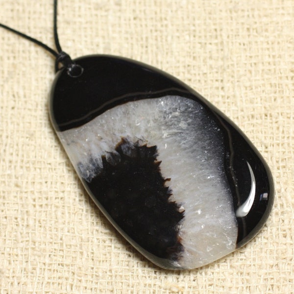 Stone Pendant Necklace - Agate and Quartz Black and White Drop 60mm N6