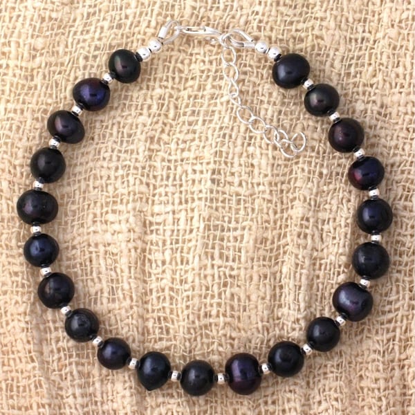 Bracelet en perles de culture noires et perles d'Argent 925