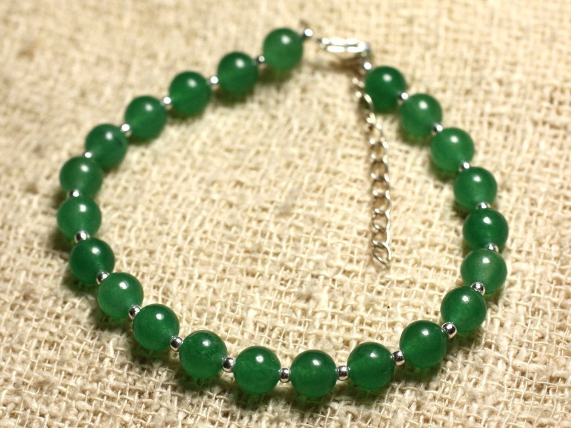 Bracelet 925 Sterling Silver and Stone Jade Green 6mm Etsy