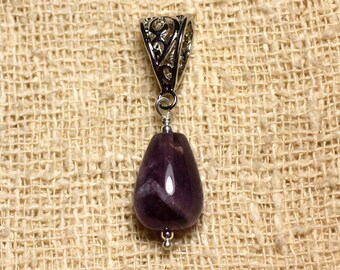 May include: A purple amethyst gemstone pendant with a silver filigree bail. The pendant is hanging from a silver chain.