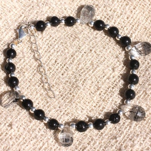 925 Silver Bracelet and Stone - Black Tourmaline and Quartz Tourmaline Faceted Drops 10mm