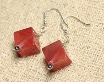 Boucles oreilles Argent 925 et Pierre - Quartz Cerise Cubes 15mm