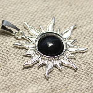 Pendant 925 sterling silver and Falcon blue tiger eye stone - Sun 28 mm - 10mm round