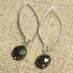 925 Silver Earrings Hooks 40mm - Golden Pyrite Faceted Palettes 10mm