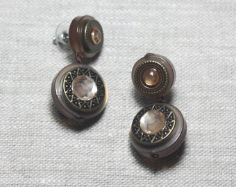 CCB Brown Bronze Resin earrings dangling star circles 20mm - Ethnic Vintage French designer - 8741140026308