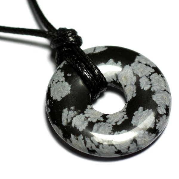 Collier Pendentif Pierre Rond Cercle Anneau Donut Pi 30mm Obsidienne Flocon de neige mouchetée gris noir