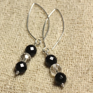 925 Silver Earrings Hooks 40mm - Black Onyx and Round Faceted Quartz Crystal 8mm