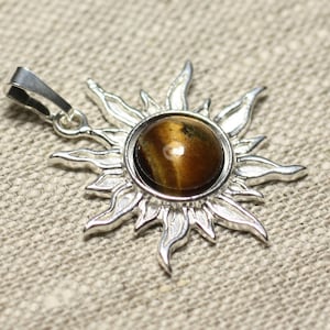 Pendant 925 sterling silver and tigers eye stone - Sun 28 mm - 10mm round
