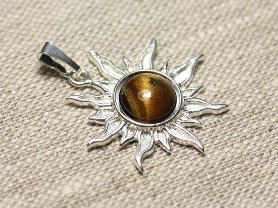 Pendentif Soleil En Argent 925 Et Ambre Orange - 28mm Avec Pierre Ronde 10mm - Fait Main En France