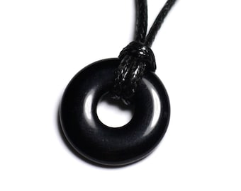 Stone Pendant Necklace - Black Obsidian Round Circle Donut Pi 20mm Black