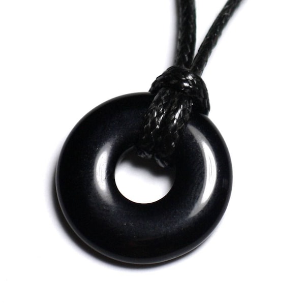 Collier Pendentif Pierre - Obsidienne noire Rond Cercle Donut Pi 20mm Noir