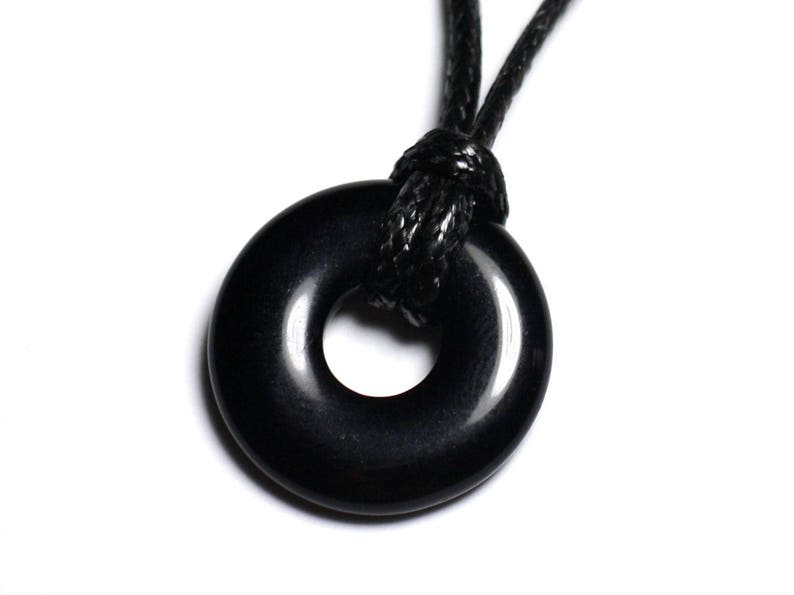 Collier Pendentif Pierre Obsidienne noire Rond Cercle Donut Pi 20mm Noir image 1