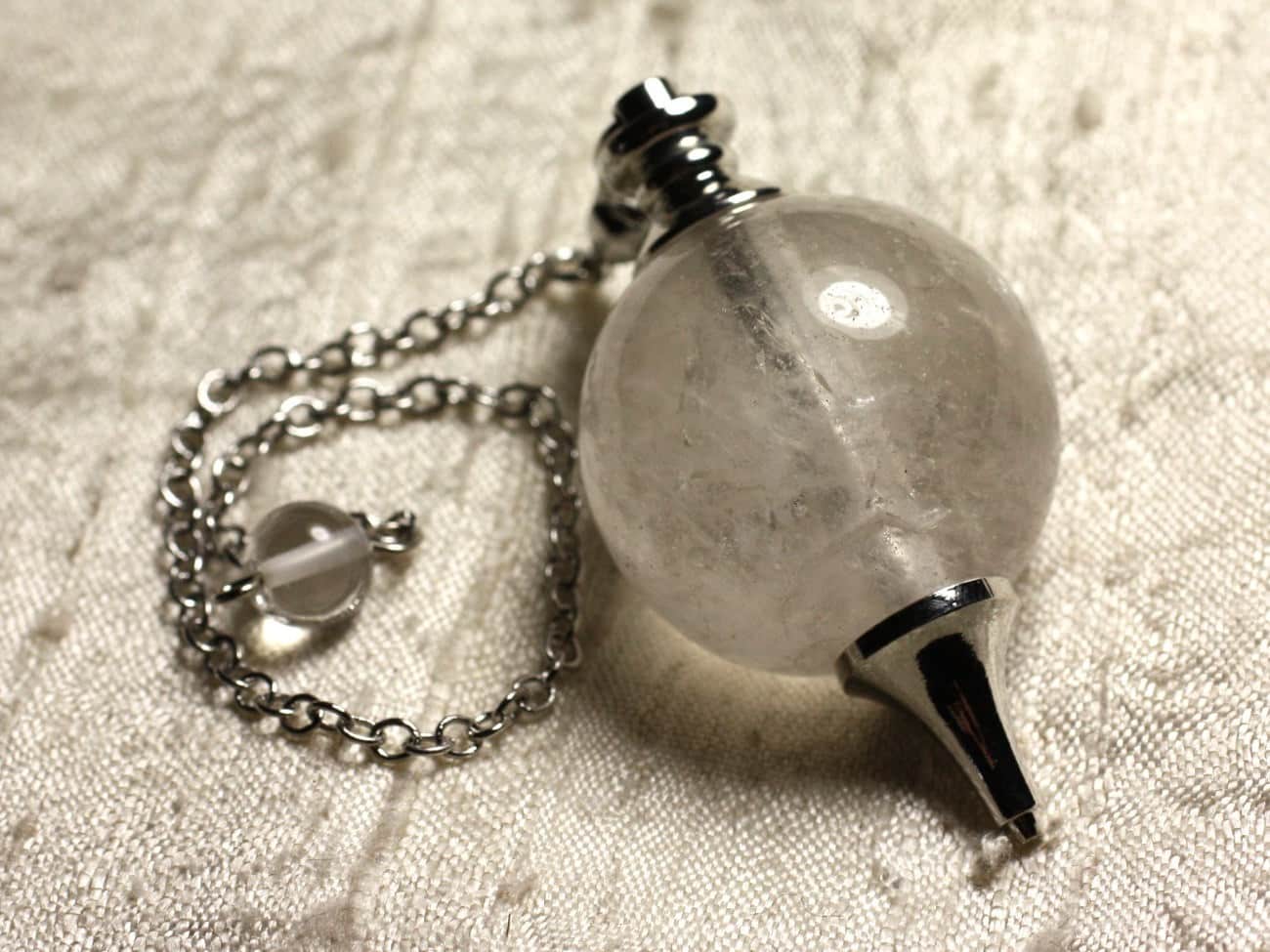 Pendule Métal Argenté Rhodium et Pierre Semi Précieuse - Cristal Quartz Boule 30mm