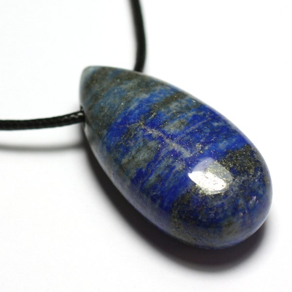 Collier Pendentif Perle Pierre Lapis Lazuli Goutte 40mm bleu roi nuit gris doré