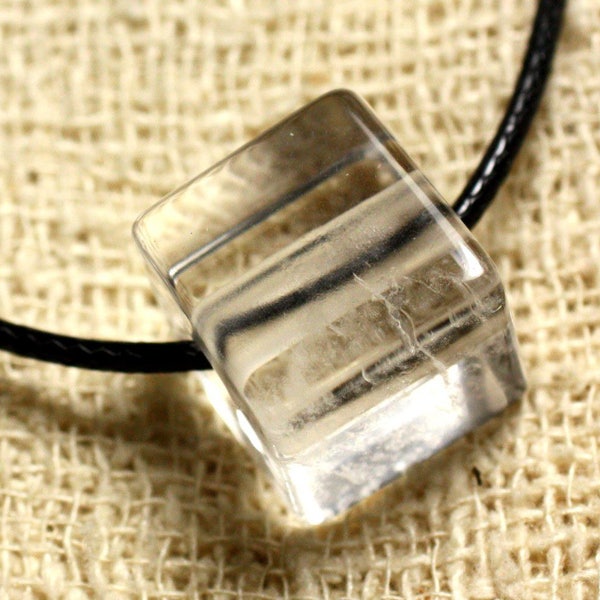 Collier Pendentif Perle Pierre Cristal de roche Quartz Cube 15mm Blanc transparent