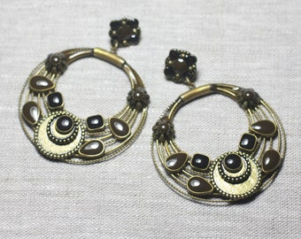 CCB Brown Bronze Resin Earrings Hoop Studs Circles 58mm - Ethnic Vintage French Designer - 8741140026353