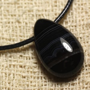 Stone Pendant Necklace - Black Agate Drop 25mm