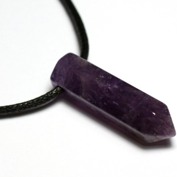 Collier Perle Pendentif Pierre Crayon Pointe Facetté 30mm Améthyste violet mauve blanc