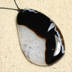 Stone Pendant Necklace - Agate and Quartz Black and White Drop 64mm N5