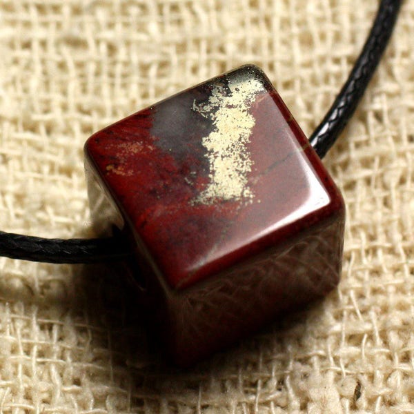 Collier Pendentif Pierre - Jaspe Rouge Poppy Cube 15mm Rouge Bordeaux Marron